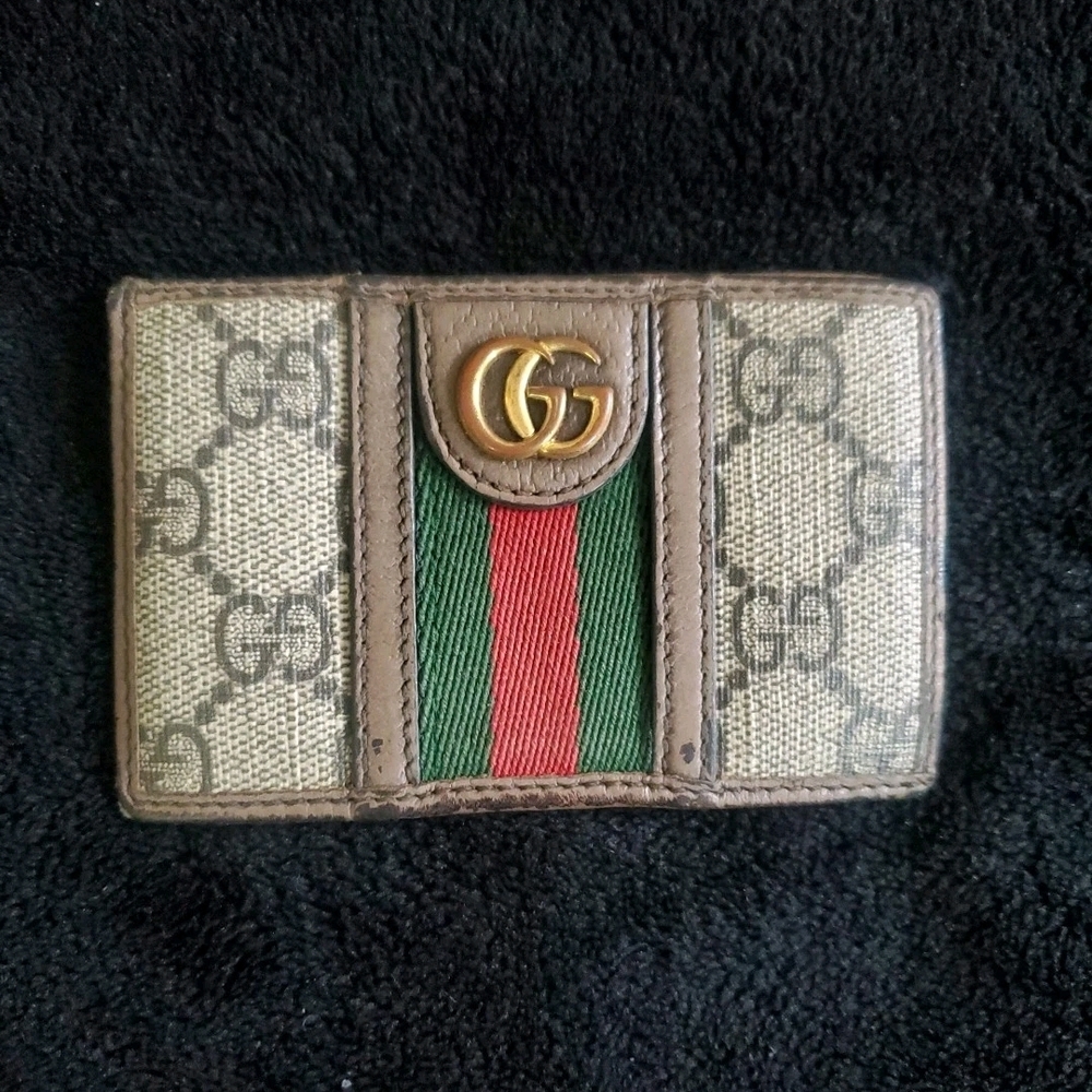 Gucci Beige and Brown Card Holder with Red and Green Accent
